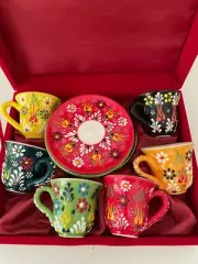6x Handmade Turkish Ceramic Coffee Cups And Saucer Set Boho Ethnic Expresso Cups