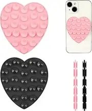 PEUTIER 2pcs Silicone Suction Phone Holder, Double Sided Suction Cup Phone Mount Heart Shaped Hand-Free Suction Phone Case Sweet Phone Sticky Grip for Mobile Devices Mirror Glass (Black, Pink)