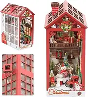 INSGEN Book Nook Bookshelf Inserts Miniature Scenes Dollhouse Kit, 3D Wooden Bookend Puzzle DIY Craft Christmas Booknook Decor Diorama Kits Gifts for Adults Teens, with Music & Inductive Lighting