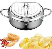Deep Fryer Pot, Japanese Mini Deep Fryer Stainless Steel Frying Pot, with Lid and Oil Filter, Thermometer, 304 Stainless Steel, Pot Diameter 21Cm/11in, Detachable Design, for Frying Food S(2.2L)