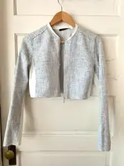NWT Elie Tahari Pauline Fitted Cropped Tweed Blazer Zipper Bomber White/Grey
