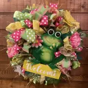 WELCOME WREATH, FROG WREATH, SPRING WREATH, SUMMER WREATH, FRONT DOOR WREATH