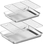 Baking Tray with Wire Rack Set, Stainless Steel Cake Pan Cookie Sheet Rectangle Bakeware Set with Cooling Rack for Oven, Healthy & Heavy Duty, Sturdy & Dishwasher Safe(2 Pans + 2 Racks)