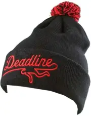 Deadline Black Embroidered Sports Logo Folded Cuff Pom Beanie Winter Ski Hat NEW