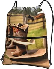 EdWal Cowgirl Boots Hat In Farms Print Drawstring Backpack Gym Bags Sports Bags With Zipper Pocket For Travel Beach, Black, One Size