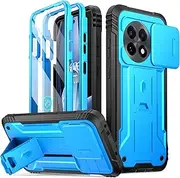 [Poetic] Revolution Case for OnePlus 13R 5G, [Slide Camera Cover], Built-in Screen Protector [Work with Fingerprint ID], [2 Front Frame] Full Body Rugged Shockproof Case with Kickstand, Light Blue