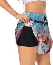 [WURTON] Flock of Red Flamingos on The Beach Print Exercise Gym Workout Shorts Women's Athletic Shorts Dual-Layered Yoga Running