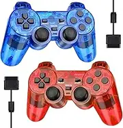 Doueuain Wired Controller for PS2, 2 Pack Gamepad Remote Double Shock Compatible with Playstation 2,with 1.8M Cable（Clear Red and Clear Blue）
