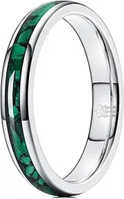 [Three Keys Jewelry] 8mm 6mm Flat Tungsten Wedding Rings Green Stone Inlaid Silver Tone Engagement Rings for Men