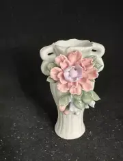 Miniature Porcelain White Vase With Roses Design. 5 “