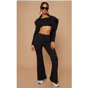 Petite Black Ribbed Flared Pants, Black