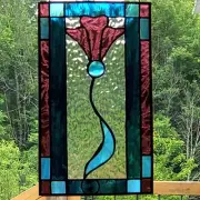 Stained Glass Suncatcher Window, Art Nouveau Style Purple Flower, Aqua Jewel