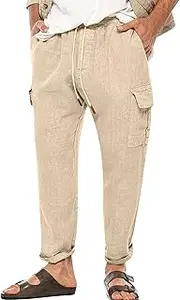 Men's Casual Linen Pants Straight Leg Loose Fit Beach Summer Pants Drawstring Lightweight Pants with Pockets