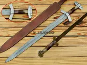 Hand Forged Medieval Knight Templar Damascus Steel Sword with Leather Cover