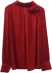 [HEYDHSDC] Silk Blouses Spring Summer Shirt Women Appliques Flower Deco Long Sleeve Red Purple Apricot Tops Silk