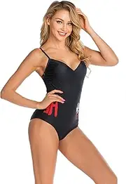 [HHZY] Womens One Piece Swimsuits V Neck Rose Leaf Print Halter Padded Bathing Suits Sexy Strappy Tummy Control Monokini High Waist Swimwear,Black,M