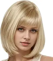 Wig for Women, Short Blonde Wig, 14'' High Temperature Wire Short Blonde Wig with Bangs Adjustable Breathable Blond Wig with Realistic Scalp for Halloween, Parties, Weddings and More