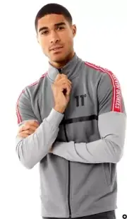 11 Degrees Mens Mixed Fabric Taped Full Zip Funnel Neck Top Steel/Silver/Red M