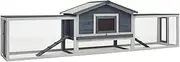 Extra Large Rabbit Hutch 310x70x87 cm - Grey/White Solid Pine & Fir Wood Enclosure with Weatherproof Roof, Double Level Shelter, Secure Mesh, Slide-Out Tray, Easy Assembly