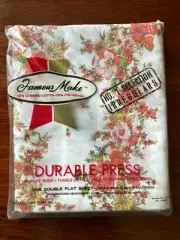 Vintage Famous Make Double Flat Sheet White Pink Floral Flowers