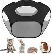 SlowTon Small Animal Playpen, Foldable Pet Cage with Top Cover Anti Escape, Breathable Transparent Indoor/Outdoor Use Pop Up Yard Fence for Kitten, Puppy, Guinea Pig, Rabbits, Hamster (Black)