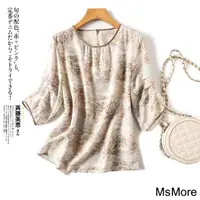 在飛比找momo購物網優惠-【MsMore】工藝圓領絲質舒適七分袖寬鬆印花短版上衣#11