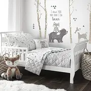 Levtex Baby - Bailey Toddler Bed Set - Charcoal Grey, White, Taupe - Woodland - 5 Piece Set Includes Reversible Quilt, Fitted Sheet, Flat Sheet, Pillow Case, Decorative Pilow