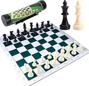 Portable Chess & Checkers Set, Regulation Tournament Roll-Up Staunton Chess Set with Plastic Tube Roll, 2 in 1 Travel Board Games for Kids and Adults, Folding Roll Up Chess Set Travel Chess Set (34cm)