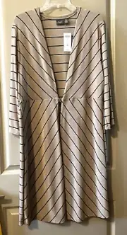 CHICO'S TRAVELERS BEIGE L/S DUSTER/COAT, BLACK CHEVRON STRIPES, SZ 2 =MED/LG NWT