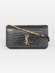 Black Croc Embossed Cassandre Wallet on Chain