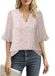 [Bodhi talk] Women's Blouse Elegant Floral Chiffon Shirts Summer Work Tops Business Casual Office Party Tunic Shirt, Pink Floral, XL