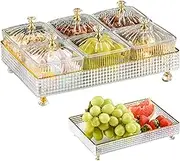 Snack Tray Divided Serving Platter Set Transparent Fruit Tray with Lid Rectangle 6 Grids Fruit Bowl Box Set Divided Nut Bowl Plastic Desserts Serving Plate Snack Candy Tray
