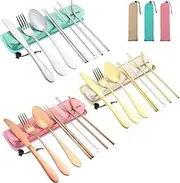 NAMUPIE Stainless Steel Travel Utensil Set 9 Piece Reusable Travel Utensils Silverware with Case,Travel Camping Cutlery Set, Knives, Forks and Chopsticks for Camping, Portable Flatware Cutlery Set with Case (GREEN)