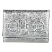Jimmy Choo Loni Silver Leather Embossed Logo Tri-Fold Card Case Wallet NEW
