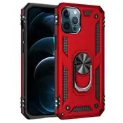For Apple iPhone 12 Pro Max Case, Military Grade 360 Degree Rotating Metal Magnetic Ring Car Mount Holder Kickstand Shockproof Heavy Duty Cover (Red)