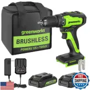 Greenworks 24V Brushless Cordless 1/2-Inch Drill / Driver, (2) 1.5Ah USB Batt