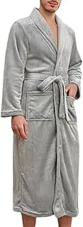 [KEOYA] Mens Fleece Plush Robe Soft Cotton Bathrobe Warm Full Length Housecoat Shawl Collar Solid Color Sleepwear with Pockets