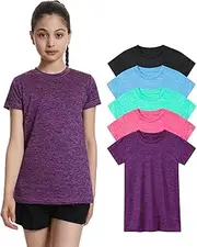 [Orrstarry] 5 Pack Girls Athletic Shirts Short Sleeve Dry Fit Sports T-Shirts Crew Neck Activewear Tees Tops for Kids Teens