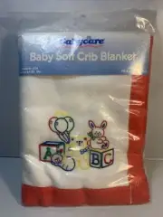 VTG NOS BabyCare Crib Blanket White Red Satin Trim ABC Blocks Animals 36x45
