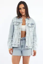 Denim Oversized Jacket Contrast Collar - Size 6XXS, Women's Coat