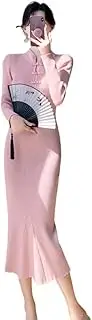 KALWEL,Chinese Qipao Dress for Women,Cheongsam Dress for Women,Knitted Dress,Long Slim Package Hip Long Dress, Pink