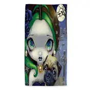 Faces of Faery #145 Cemetery Goth Girl and Pug Dog Beach Towels Medium Large Extra Large