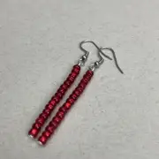 Earrings Dangle Long Glass Bead, Red, French Ear wires