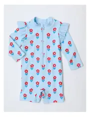 [Sprout] Floral Splash Zip Front Swims Suit in Light Blue