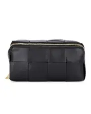 BOTTEGA VENETA $1850 Black Intrecciato Leather Vanity Case New And Authentic