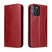 For iPhone 15 Pro Max Case Fierre Shann Genuine Cowhide Leather Wallet Cover Red