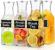 Glass Carafe with Lid, 4Pcs Square Glass Carafe Juice Containers 1 Liter Clear Glass Pitcher Drink Dispensers for Beverage Cold Water Juice Milk Iced Tea Wine Dishwasher Safe