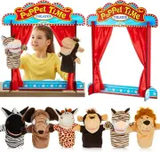 Wooden Puppet Theater with 6 Animal Hand Puppets for Kids – Jungle Theme Playset