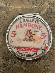 Retro J. Palley’s Sweets Five Cent Cigars Round Silver Mirror Compact