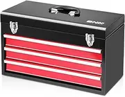 [DNA MOTORING] 20 Inch Steel Portable Tool Box - 3 Drawer+Top Storage Toolbox with Lockable Metal Latches for Household Workshop Repair Shop, Red/Black, TOOLS-00407